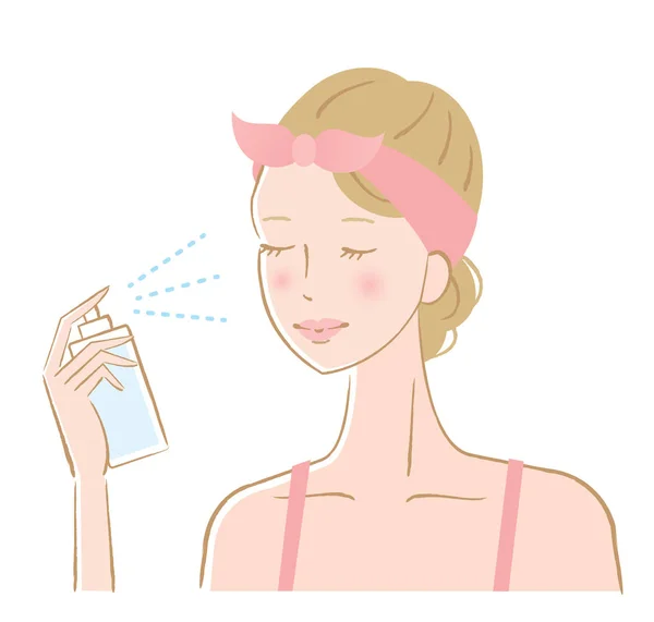 Mujer rociando la niebla facial en su cara — Vector de stock