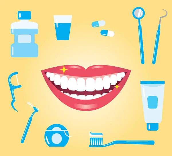 Стоматологічний догляд. усміхнений рот з чистими зубами та засобами для догляду за зубами — стоковий вектор