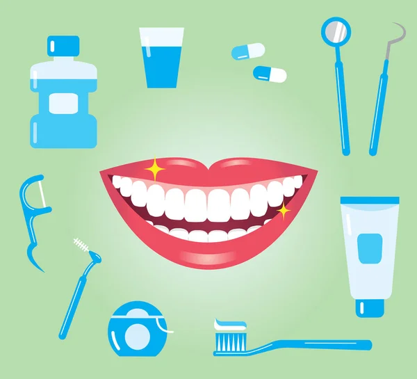 Diş Bakımı. ağız temiz dişler ve diş bakım ürünleri ile gülümseyen — Stok Vektör