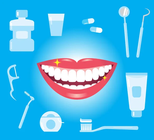 Atención dental. boca sonriente con dientes limpios y productos para el cuidado dental — Archivo Imágenes Vectoriales