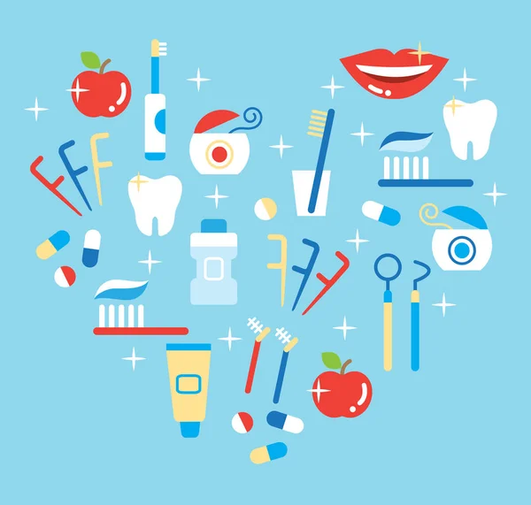 Tandheelkundige zorg concept. geneeskunde vectorillustratie van de tandenborstel, floss, tandpasta, mondwater, apple en schone mond — Stockvector