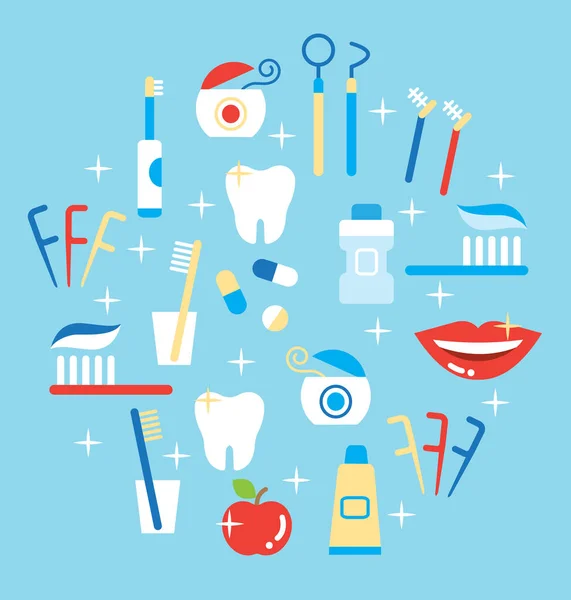 Concepto de cuidado dental. medicina vector ilustración de cepillo de dientes, hilo dental, pasta de dientes, enjuague bucal, manzana, y la boca limpia — Archivo Imágenes Vectoriales