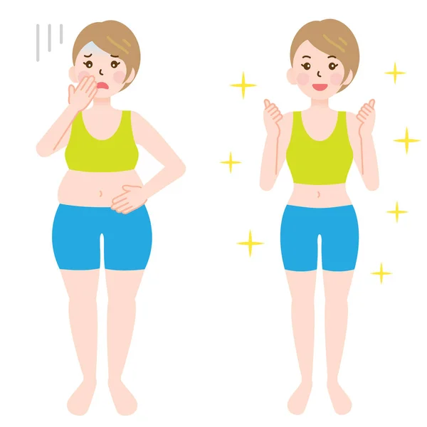 Ilustração antes e depois da dieta e perda de peso — Vetor de Stock