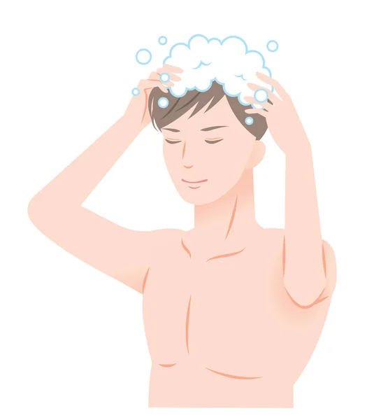 Jeune homme se lave les cheveux avec un shampooing — Image vectorielle