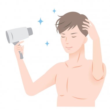 genç adam darbe onun saç saç kurutma makinesi ile kurutma