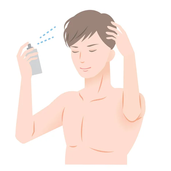 Young man applying hair spray on his hair — Stock Vector