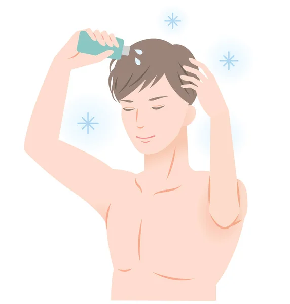 Молодий чоловік наносить лосьйон для волосся на голову — стоковий вектор