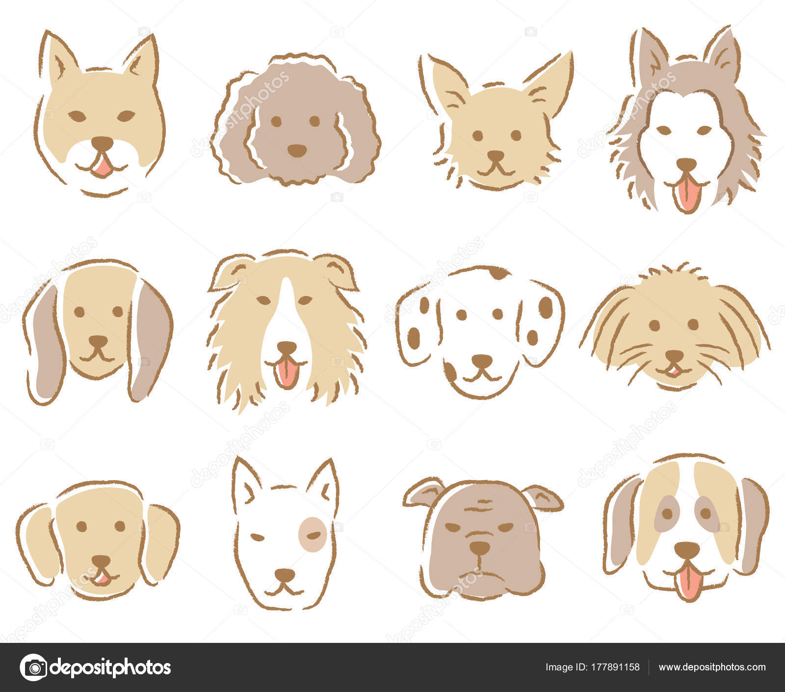 Download Set Dog Face Illustration Hand Drawn Various Cute Dogs ...