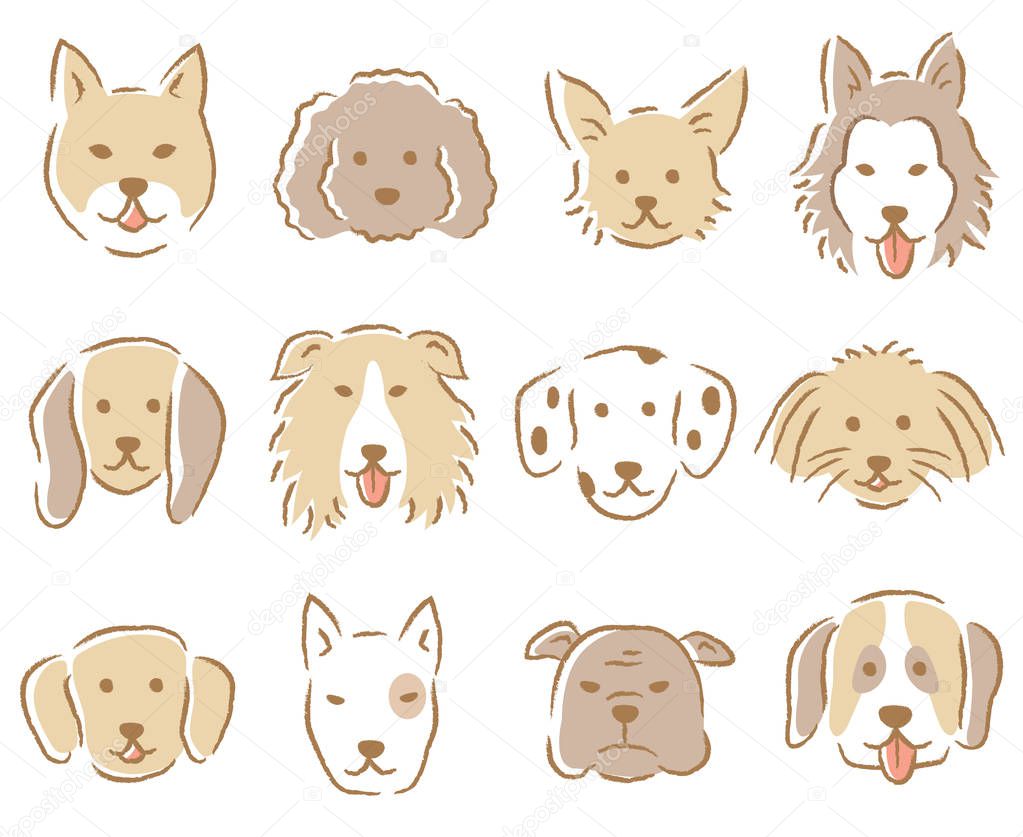 set of dog face illustration. hand drawn various cute dogs