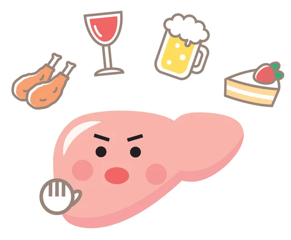 Alcohol Alimentos Grasos Inducen Enfermedad Hepática Lindo Personaje Dibujos Animados — Vector de stock