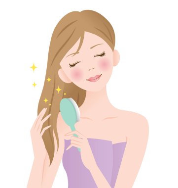 güzel genç kadın uzun saçları kurutma makinesi ile kurutma