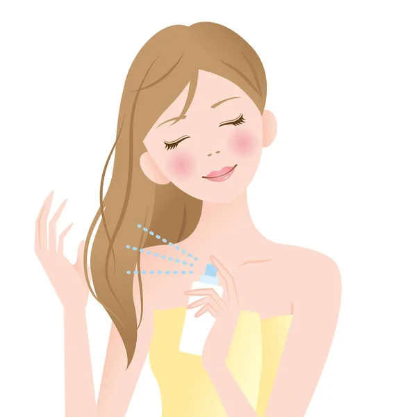 Beautiful Young Woman Applying Hair Spray Her Hair Hair Care — Stock Vector