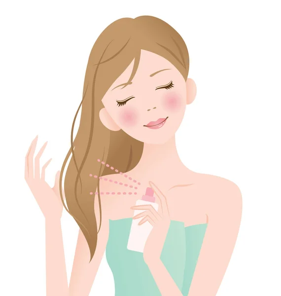 Beautiful Young Woman Applying Hair Spray Her Hair Hair Care — Stock Vector