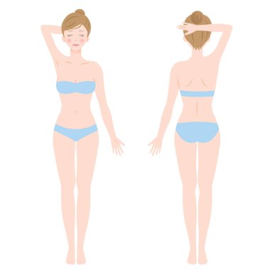 Beyaz arka plan üzerinde izole kadın bedeni duran önden ve arkadan görünüm. Güzellik ve sağlık kavramı