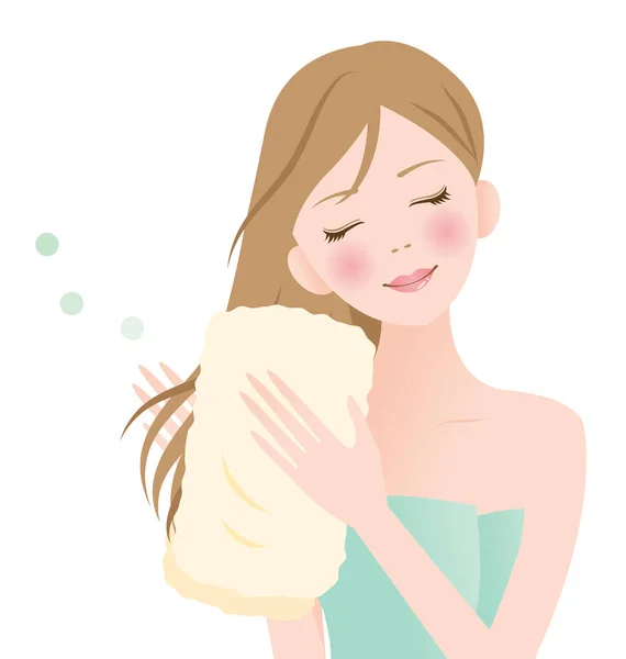 Giovane Donna Asciugandosi Capelli Lunghi Con Asciugamano Sfondo Bianco Isolato — Vettoriale Stock