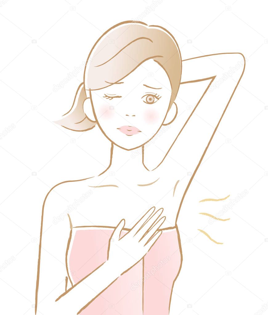 young woman with underarm odor. health care and beauty concept