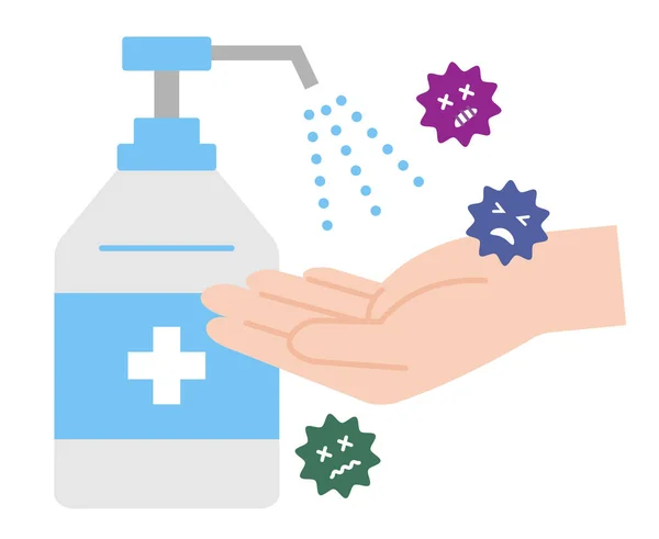 Disinfezione Disinfettante Mani Bottiglia Spray Illustrazione Del Virus Concetto Igiene — Vettoriale Stock