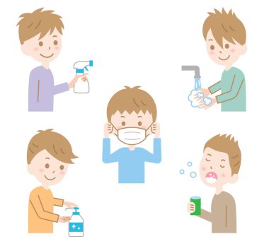 Coronavirus önleyici illüstrasyon. Bir grup yakışıklı genç adam. Dışkı maskesi takmak, ellerini yıkamak, alkolle dezenfekte etmek ve gargara yapmak.. 