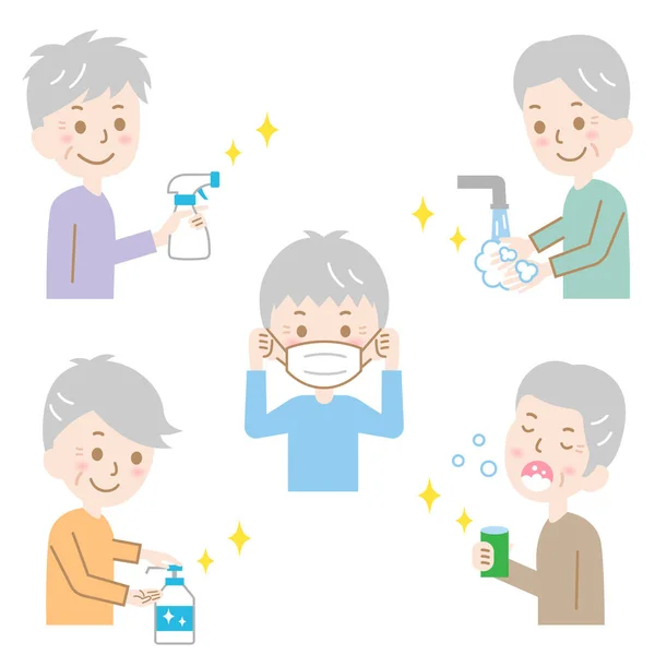 Oonavirus Prevent Old Men Wearing Feca Mask Washing Hands Sanitising — 스톡 벡터