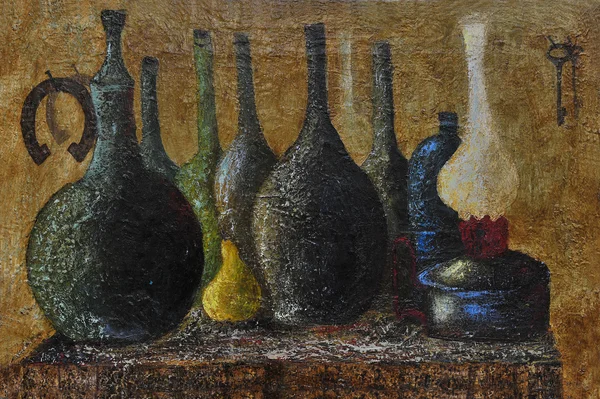 Old bottles, horseshoe, pear and oil lamp, oil painting — Stock Photo, Image