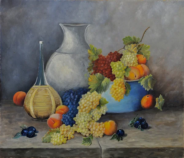 Still life with peaches, grapes and wine, oil painting — Stock Photo, Image