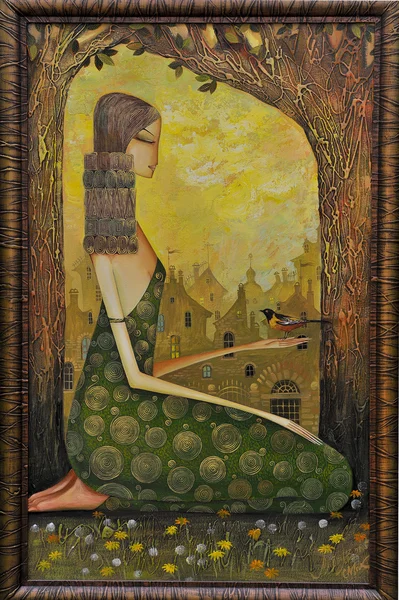 Peinture acrylique colorée d'une belle fille avec des oiseaux sur fond nuageux . — Photo