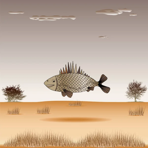 Fish, art, surrealism. Fish flying over the desert