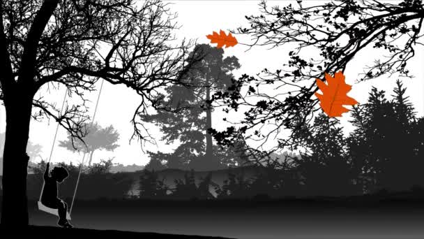 Animacja Dziewczyny Huśtawce Tle Drzewa Opadającymi Liśćmi — Wideo stockowe