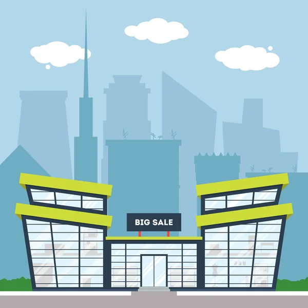 Edificio de supermercado plano con fondo de ciudad — Vector de stock