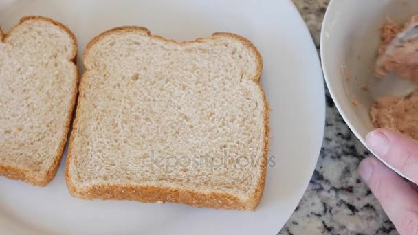 Homem fazendo um sanduíche de atum — Vídeo de Stock