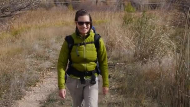 A mother and her boys hiking on trail — Stock Video