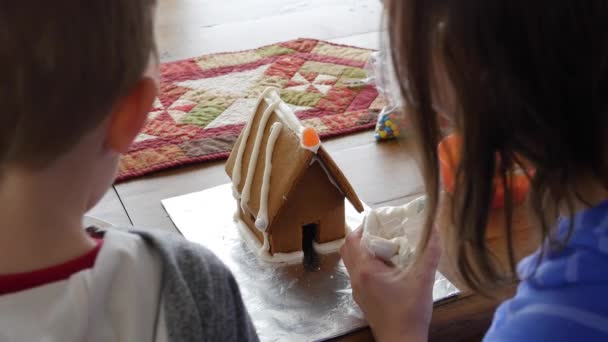 Mutter und Sohn dekorieren ein Lebkuchenhaus — Stockvideo