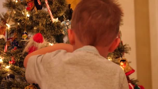 Jongen door kerstboom bij nacht — Stockvideo