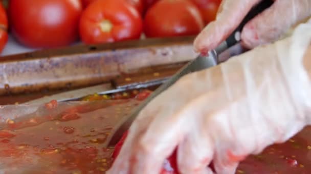 Женщина режет помидоры для сальсы на кухне — стоковое видео