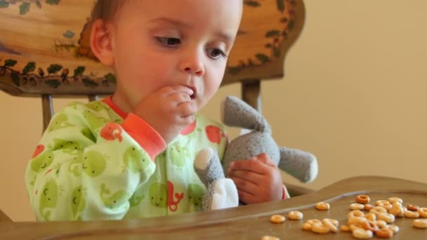 Imádnivaló baba eszik cheerios — Stock videók