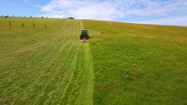 Ein Bauer schneidet das Heu auf seinem Feld auf einem Ozeanumhang — Stockvideo