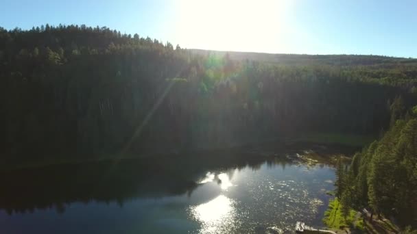 Árboles y hermoso lago de montaña al atardecer — Vídeos de Stock