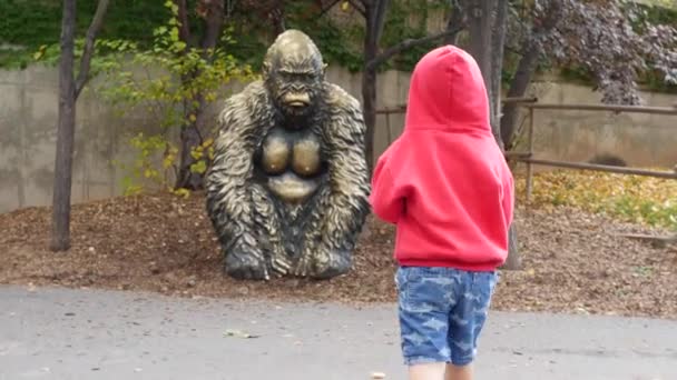 Una madre y un niño en la casa del gorila en el zoológico — Vídeo de stock