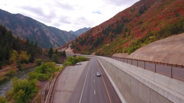 山の道路上で車の空中ショット — ストック動画