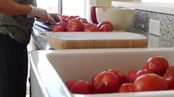 A woman makes fresh salsa with tomatos — Stock Video