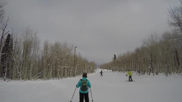 La gente sciare in discesa in una stazione sciistica di montagna — Video Stock
