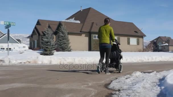 Une femme marchant bébé garçon en poussette — Video