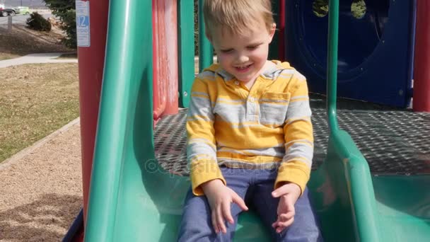 Uma jovem família brincando no slide no parque — Vídeo de Stock