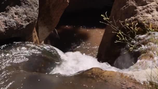 Desert waterfall running into a slot canyon — Stock Video