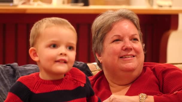 Büyükanne ile kanepede oturan bir yürümeye başlayan çocuk — Stok video