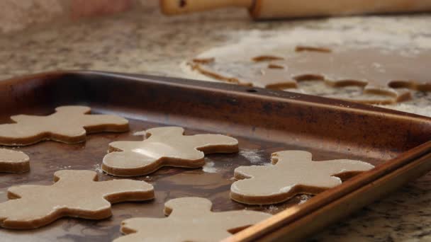 A woman making gingerbread men for the holidays — Stock Video