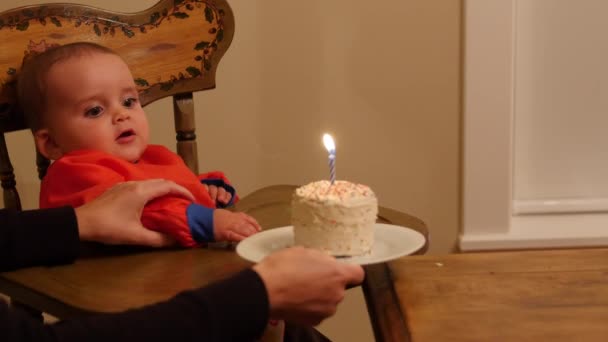 Μωρό αγόρι τρώει την τούρτα γενεθλίων — Αρχείο Βίντεο