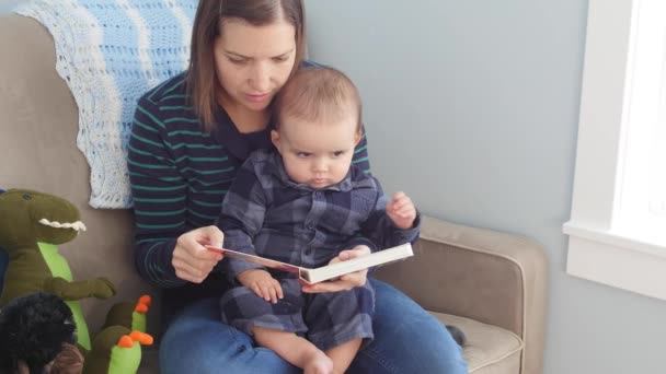 Мати читає книгу маленькому хлопчику — стокове відео