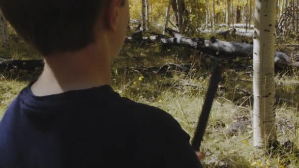Мальчик стрелял из пневматического пистолета во время кемпинга — стоковое видео