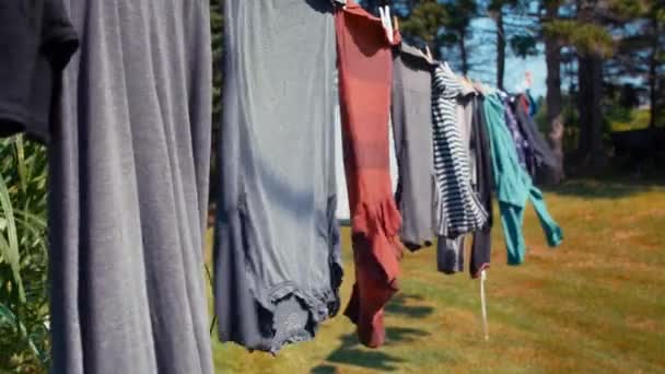 Clothes hanging on a line blowing in wind — Stock Video